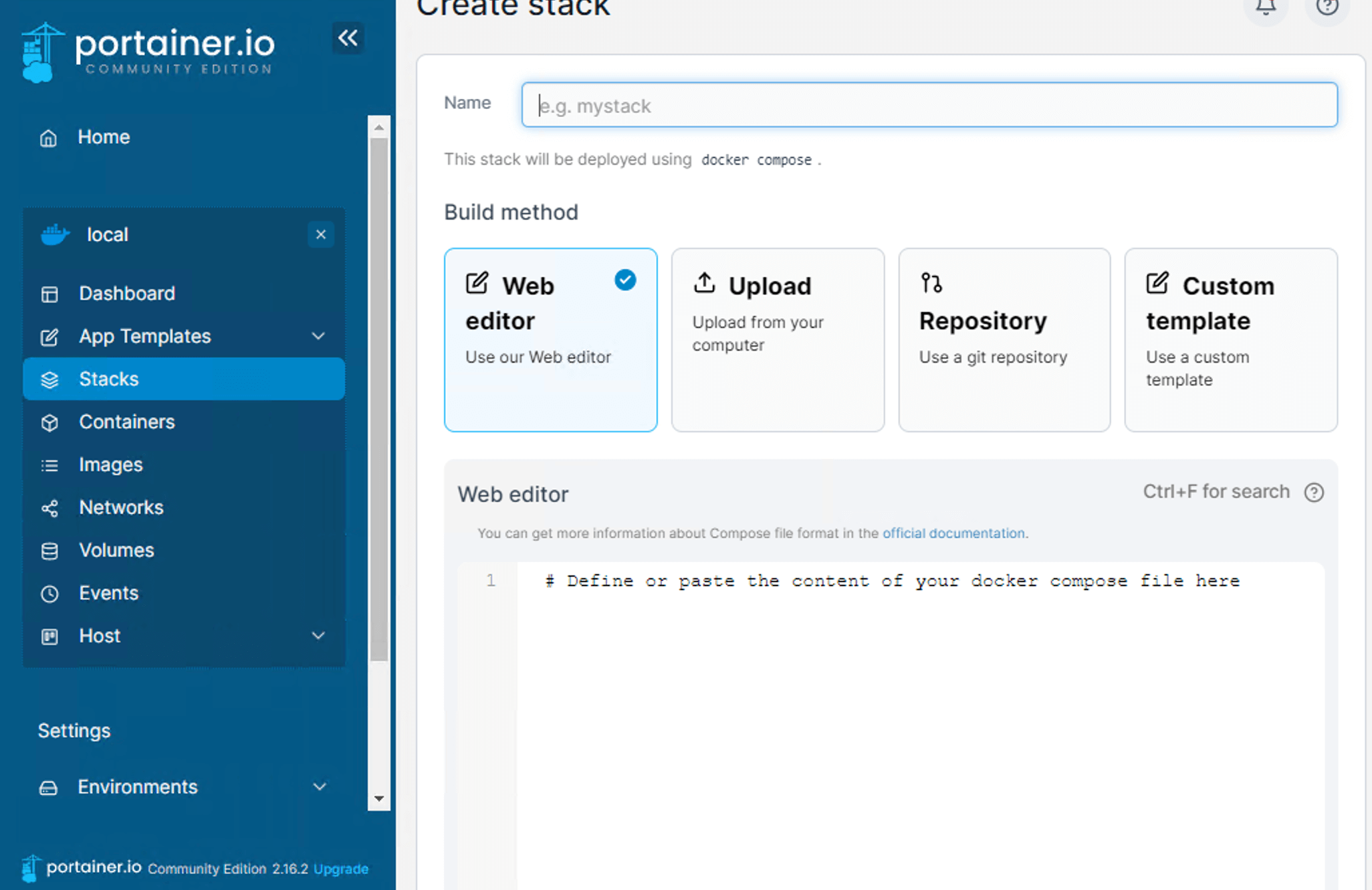 Protainer create a stack screen